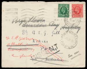 1936 surface cover from England to "Kikiri/Papua/Australia", Port Moresby cds of 9JY36 & very fine 'MISSENT' h/s (Lee #i23; rated G) on the face, forwarded to Samarai (b/s of 18JY36) but returned to England where forwarded to Anglesey, light vertical fold