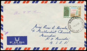 Box of mostly commercial covers with Australian Period including registered covers (one for Re-Opening of Madang PO), many 1950s airmails including to Japan, etc, better frankings include 1965 SPC 1/- to Solomons & 2/3d Air to Switzerland, 1/0&frac12;d Registrat