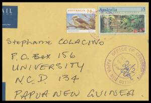 1995 (c.) commercial airmail envelope (210x165mm) from Australia at $5.70c rate with Customs label for "1 Audio Visual" on the reverse, largely very fine 'OFFICE OF CENSORSHIP/.../PAPUA NEW GUINEA' cachett in violet, minor blemishes. [Our vendor discussed