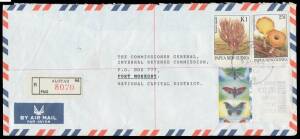1996 commercial registered airmail cover to Internal Revenue Commission with Funghi 25t (No Date) & K1 plus 20t Butterfly Frama tied by 'ALOTAU/23AP96/PNG' cds, Boroko arrival b/s. Modern rarity: we have never before seen a Butterfly Frama on cover.