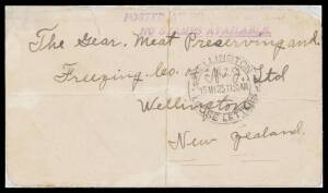 1925-40 New Zealand Postal Agency group with 1925 defective commercial front with 'POSTED AT PITCAIRN ISLAND/NO STAMPS AVAILABLE' h/s SG C8 & Wellington arrival cds; 1927 real photo PPC of the Island with message "We are due to arrive here tomorrow...", N