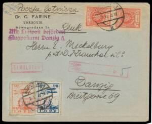 Flight covers comprising 1925 Warsaw-Danzig x3 with different LOPP labels (one with part-imperf pair but the cover appears to be non-contemporary), 1927 with black/pink 'TARGI WSCHODNIE' label, 1929 three Labecki covers with gum-stains, 1936 Warsaw-Tel Av