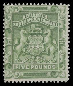 1892-93 BSAC Arms &pound;5 sage-green SG 12, unused, Cat &pound;1600. [This & the next two stamps have been examined under UV light. They appear to be unused. Naturally, extensions will be granted on request]