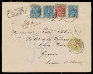 DENMARK: 1891 commercial cover to Geneva with 4&ouml; x3 & 8&ouml; tied by 'STOREHEDINGE' cds, fine boxed 'Utilstraekkelig/ frankeret' h/s & 'T'-in-circle h/s, Swiss 50c Postage Due tied by 'GENEVE/FACTEURS' cds.