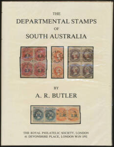 AUSTRALIA: SOUTH AUSTRALIA: Excellent group with "The Postage Stamps of South Australia" by Krischauff et al, "Departmental Stamps" by Butler, "A Priced Catalogue of the Departmental Stamps" by Presgrave (hardbound, 1992) & photocopied 1999 edition, two v
