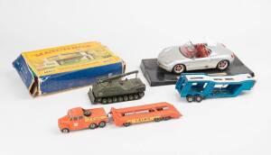 Dinky toy leopard tank, Lesney toy truck, Matchbox MG-1 Service station in box. (4 items)