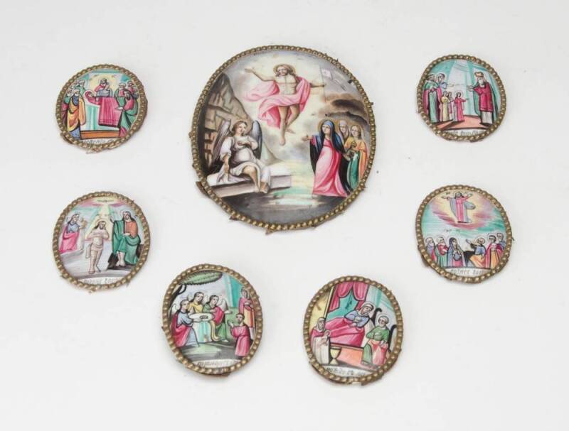 Collection of 7 Russian enamels depicting religious motifs, 19th Century. Largest 12cm