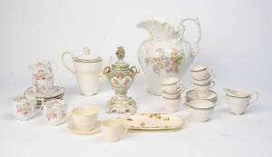 Belleek cups & saucer, wash jug, tea & coffee ware, Wedgewood dish, Capodimonte vase. 30 pieces. 