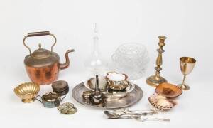 VARIOUS: Remains of collection including copper kettle, crystal bowls, wine funnel & coasters, shells, candlestick, decanter, cutlery, etc. 40+ pieces. 