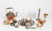 VARIOUS: Remains of collection including copper kettle, crystal bowls, wine funnel & coasters, shells, candlestick, decanter, cutlery, etc. 40+ pieces.&nbsp;
