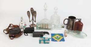 Remains of collection including decanters, rolling pins, torpedo bottles, meters, cameras etc. 19+ items