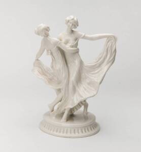 Porcelain figural group of two dancing young girls designed by &nbsp;Claire Volkhart, GermanFactory mark to base Schwarz Burger Werkstatte