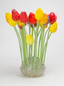 A circular cut glass bowl, flower frog & approximately 20 Italian coloured glass tulips. Average height 33cm&nbsp;