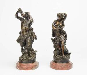 A pair of bronze figures on marble bases, 19th Century, approx. 39cm.