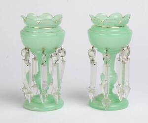 Two pairs of Victoraian opaque glass lustre vases with crystal drops. 26cm and 22cm 