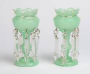 Two pairs of Victoraian opaque glass lustre vases with crystal drops. 26cm and 22cm 