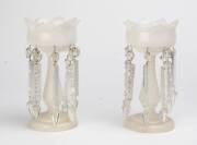 Two pairs of Victoraian opaque glass lustre vases with crystal drops. 26cm and 22cm  - 2