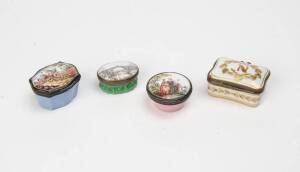 A group of 4 enamel and porcelain snuff boxes including "A Trifle from the Iron Bridge" and coaching scene.