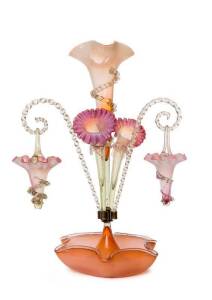 Victorian multi coloured frilled glass epergne, with 3 trumpet vases & 2 hanging baskets. 49cm 