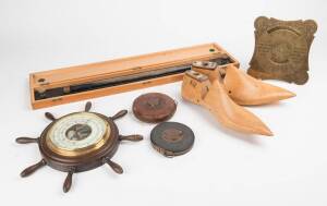 Slide rules (3), old tape measures (3), pair boot lasts, roller, barometer & brass calender. (10 items)