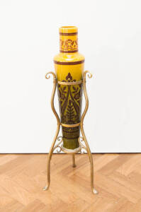 A very unusual glazed pottery & brass floor vase in the style of Christopher Dresser & Benson & Co.