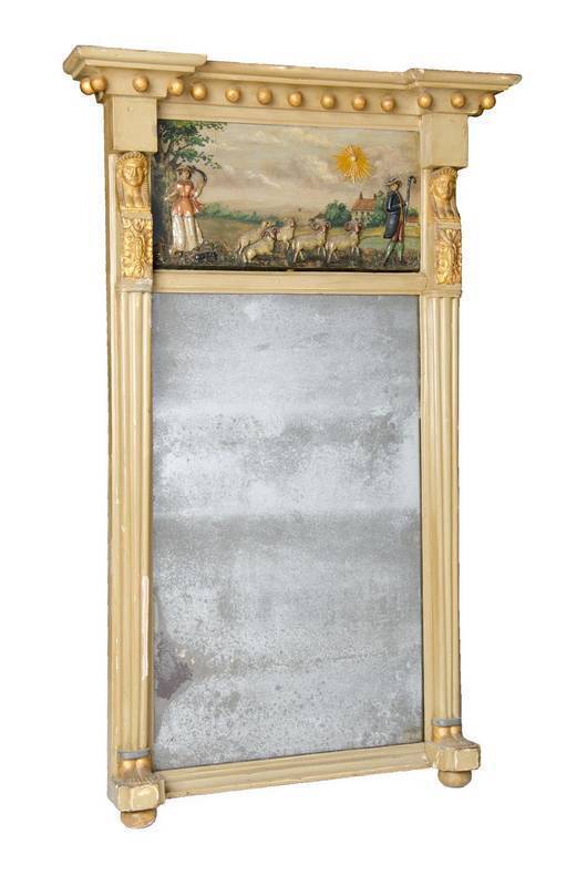 An unusual painted, gilded & ceramic plaque inset wall mirror, English c1830. 96cm high, 62cm wide 