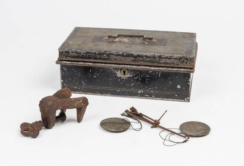 Deed box, antique hand held gold dust scales,& ornate metal clamp. (3 items)