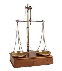 GOLD SCALES: Large 2 pan balance by W & T Avery on wooden stand, mid 19th Century. 