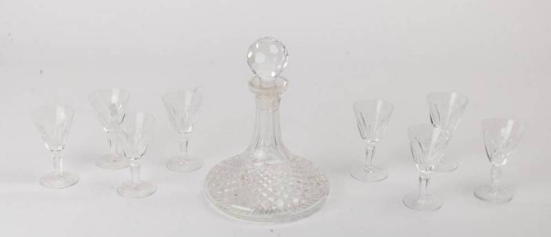 Ship's decanter & set of eight Waterford crystal glasses. 9 items. 