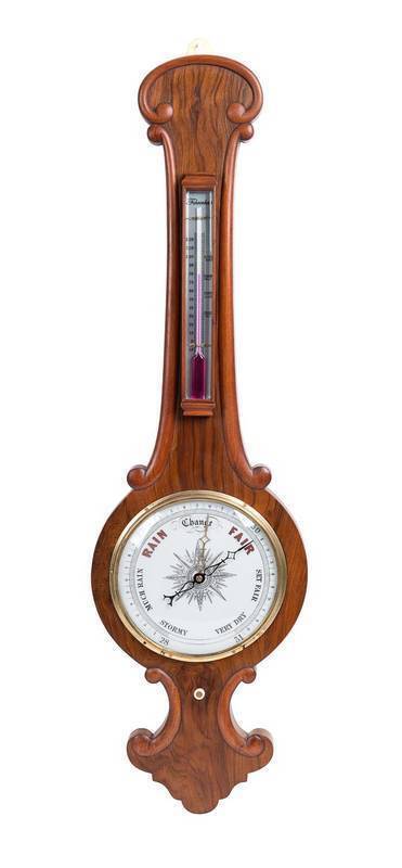 An English antique walnut cased banjo barometer, 19th Century