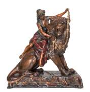 Spelter cold painted figure group of a gypsy girl & lion signed "L. Hottot", early 20th century. 65cm.