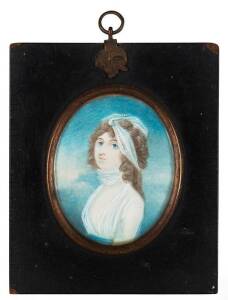 Georgian miniature portrait of a lady in ebonized frame, circa 1820s.