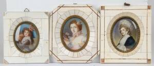 Group of 3 miniature portraits in ivory frames. Largest frame 12.5cm x 13.5cm