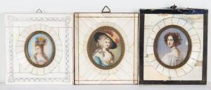 Group of 3 ivory framed miniature portrait paintings. Approximately 10 x 11cm each