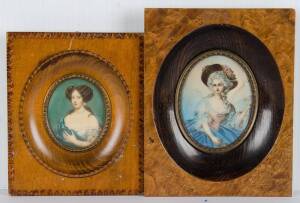 Two timber framed miniatures with hand painted portraits on ivory. Largest frame 13 x 16cm