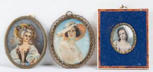 Three framed miniature portraits, 20th Century. Largest frame 9 x 10cm