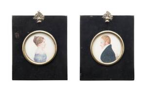 Pair of framed miniature portraits painted on ivory, early 19th Century. Paintings 6.5cm diameter