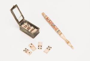 P.O.W. (Prison of war) miniature set of bone dominoes (19th Century), & a bone lacemakers bodkin (12cm) engraved "Wiliam Harrison", 19th Century. (2 items)