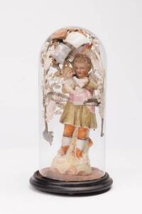 Bisque porcelain figured display in glass dome, 19th Century. 34cm