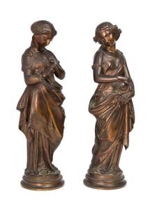 Mathurin MOREAU French bronze pair of classical female statues, late 19th Century. 38cm