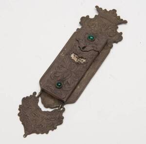 Mezuzah, embossed metal inlaid with green stones, 19th Century. 23cm