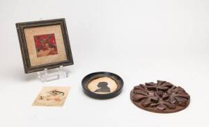 Indian miniature painted on ivory, silhouette portrait, military patch (framed) & a carved timber panel, 19th & 20th Century. (4 items)
