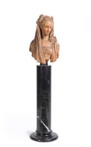 Albert-Ernst CARRIER-BELLEUSE (France 1824-1887): Terra cotta bust of a woman on black marble pedestal. Signed "A.CARRIER". Bust 63cm, Pedestal 100cm