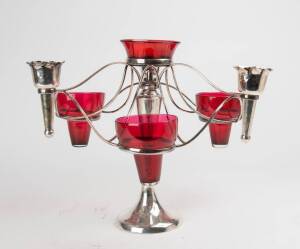 EPERGNE: Silver plate with ruby glass, early 20th Century. 32cm high, 40cm wide