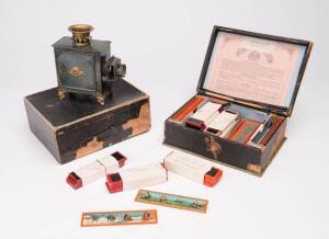 Magic Lantern in box with assorted slides, late 19th/early 20th Century.