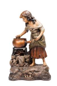 Austrian pottery figured lamp of a woman with cauldron, early 20th Century. 56cm