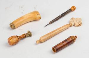 Marine ivory seal, parasol handles & knife handle. (5 items)