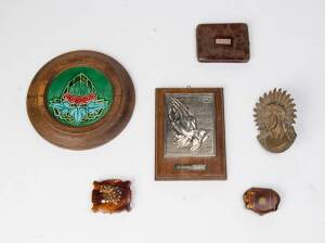 Leather wallet with 9ct gold plaque (interesting postage stamps applied to the interior), antique tortoise shell cases (2), framed tile & 2 religious plaques. (6 items)