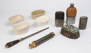 KITCHENALIA: Jelly moulds (5), cake icer, hip flasks (3) & kitchen steel. (10 items)