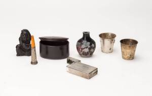 Peking glass opium bottle (early 20th Century), Japanese boxwood netsuke (19th Century), snuff box (early 19th Century), Vodka cups (2), silver cigar holder & lighter. (7 items)